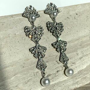 New ~ Anthropologie Art Deco Long Rhinestone Pearl Dangle Earrings